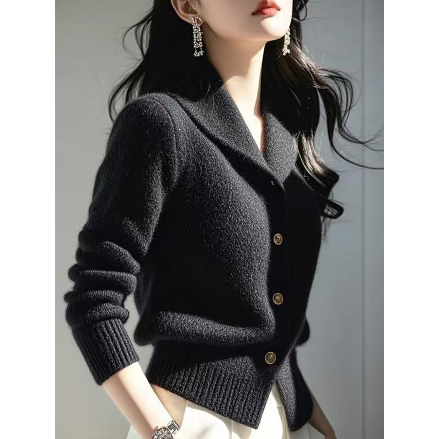 2026 년 겨울 디자인 센스 작은 대중 폴로 칼라 스웨터 Chic 고유 한 부드러운 찹쌀 느긋한 바람 고급 센스 니트 오픈 가디건 이미지 3