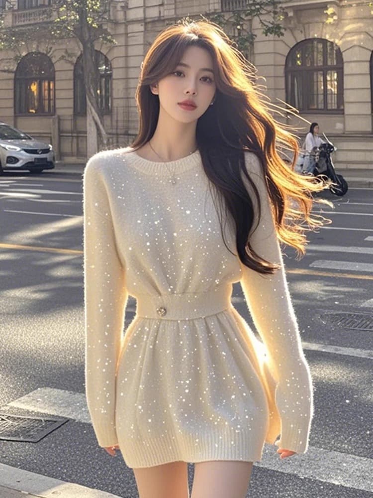 화이트 라운드 넥 좋은 플래시 긴팔 니트 스웨터 여성 드레스 가을 허리 수축 몸매 가꾸기 슬림해 보이는 고급 센스 짧은 치마 상세 이미지 2