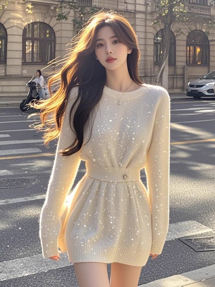 화이트 라운드 넥 좋은 플래시 긴팔 니트 스웨터 여성 드레스 가을 허리 수축 몸매 가꾸기 슬림해 보이는 고급 센스 짧은 치마 상세 이미지 5