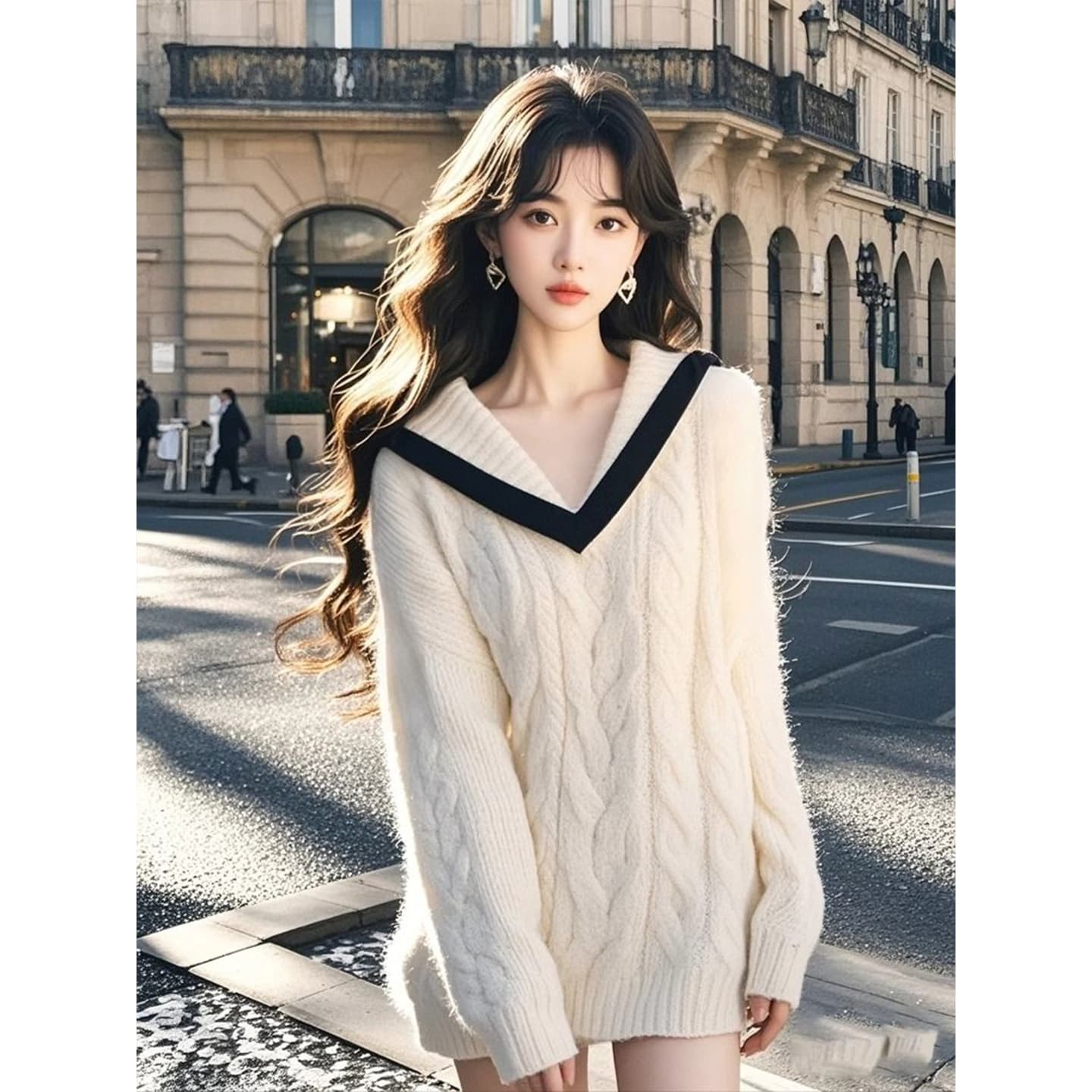 한 부서 루즈핏 해군 폴로 칼라 화이트 풀오버 가을 겨울 소녀 작은 키 부드러운 찹쌀 느긋한 바람 다용도 니트 스웨터