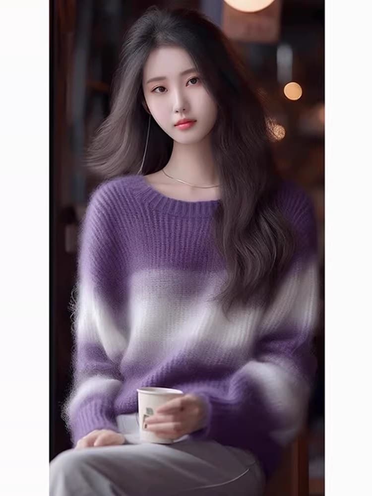 2026 가을 겨울 새로운 디자인 센스 루즈핏 스웨터 느긋한 바람 보라색 모헤어 스트라이프 니트 스웨터 맨위 여성 의류 상세 이미지 5