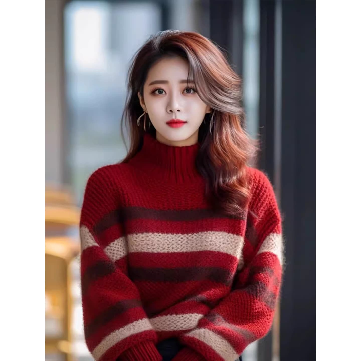 앤 코라 빨간색 스트라이프 터틀넥 스웨터 여자 2026 새로운 이른 가을 작은 키 착용 가져 가라. 이른 가을 한 부서 분위기 센스 이미지 4