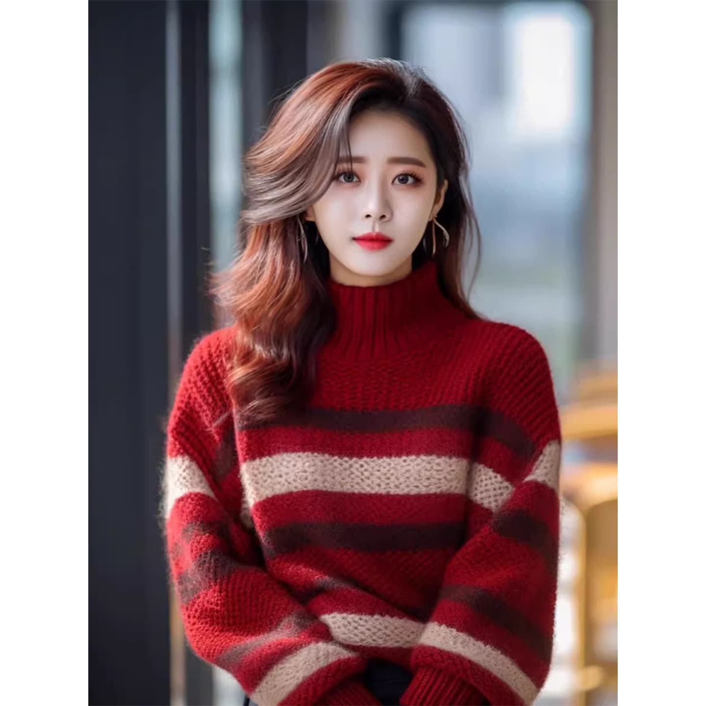 앤 코라 빨간색 스트라이프 터틀넥 스웨터 여자 2026 새로운 이른 가을 작은 키 착용 가져 가라. 이른 가을 한 부서 분위기 센스
