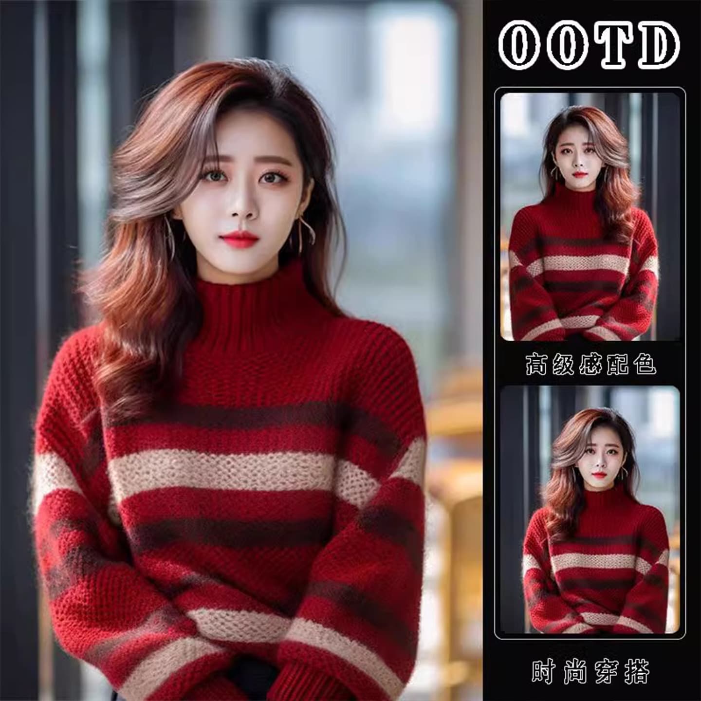 앤 코라 빨간색 스트라이프 터틀넥 스웨터 여자 2026 새로운 이른 가을 작은 키 착용 가져 가라. 이른 가을 한 부서 분위기 센스 상세 이미지 4