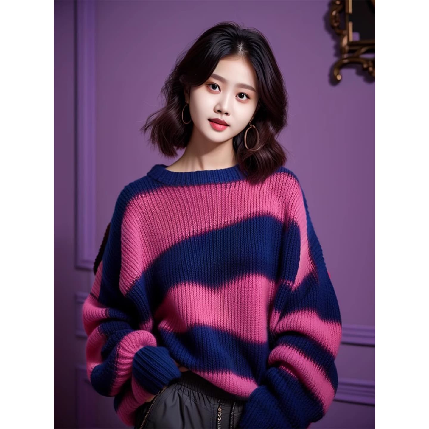 올해 인기 폭발 우유 fufu 느긋한 루즈핏 보라색 스트라이프 스웨터 여자 2026 가을 아름다운 두꺼운 선 맨위 겨울