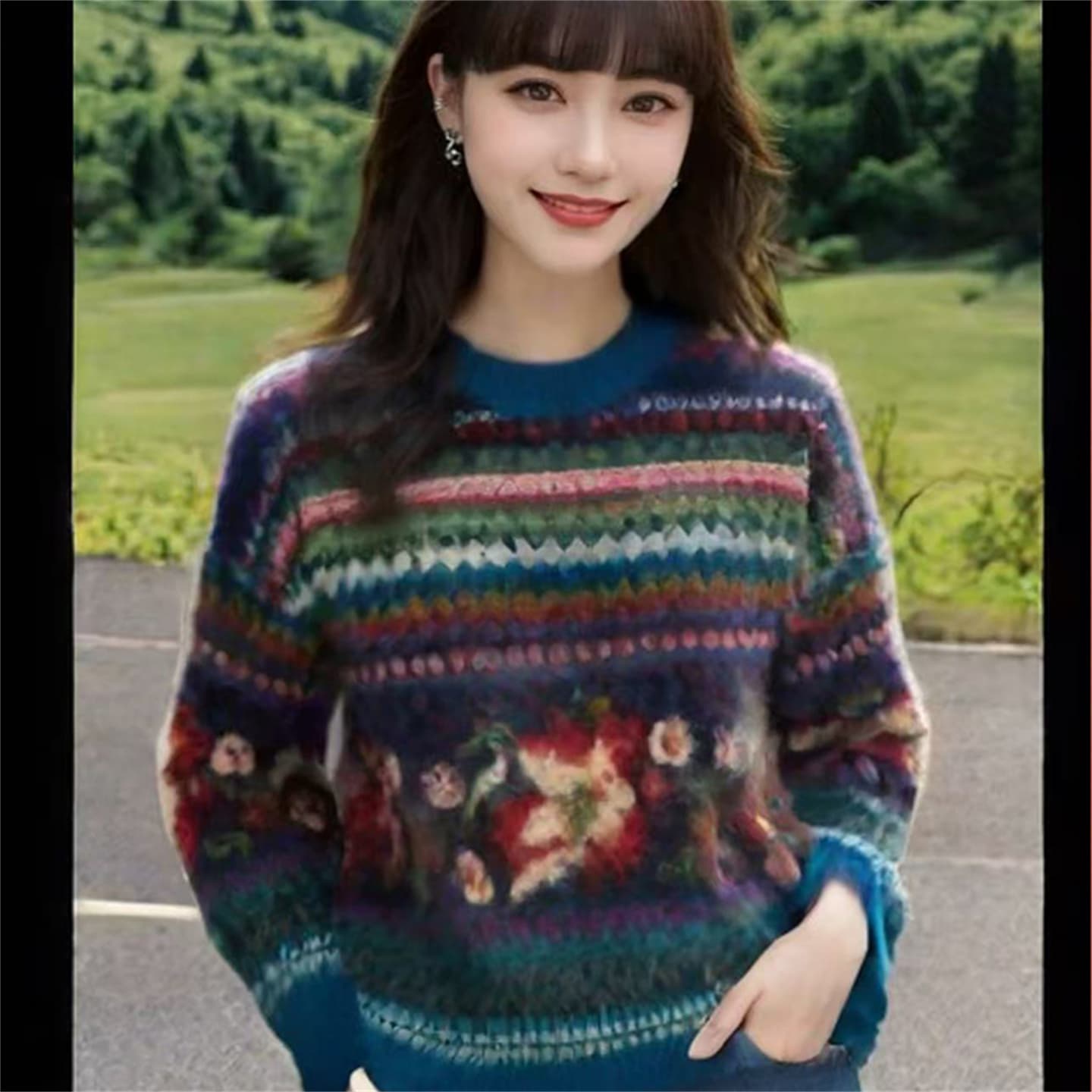 공정한 섬 파란색 자카드 레트로 크리스마스 풀오버 니트 스웨터 루즈핏 느긋한 바람 스웨터 여자 가을 겨울 민족 스타일