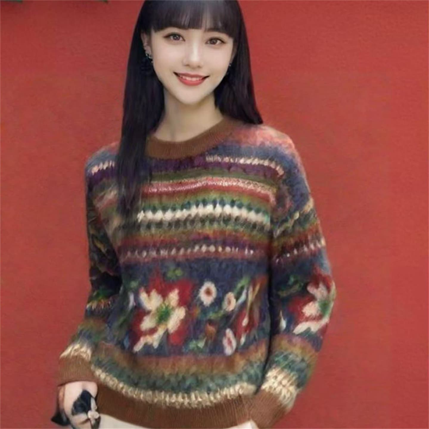 공정한 섬 파란색 자카드 레트로 크리스마스 풀오버 니트 스웨터 루즈핏 느긋한 바람 스웨터 여자 가을 겨울 민족 스타일 상세 이미지 2
