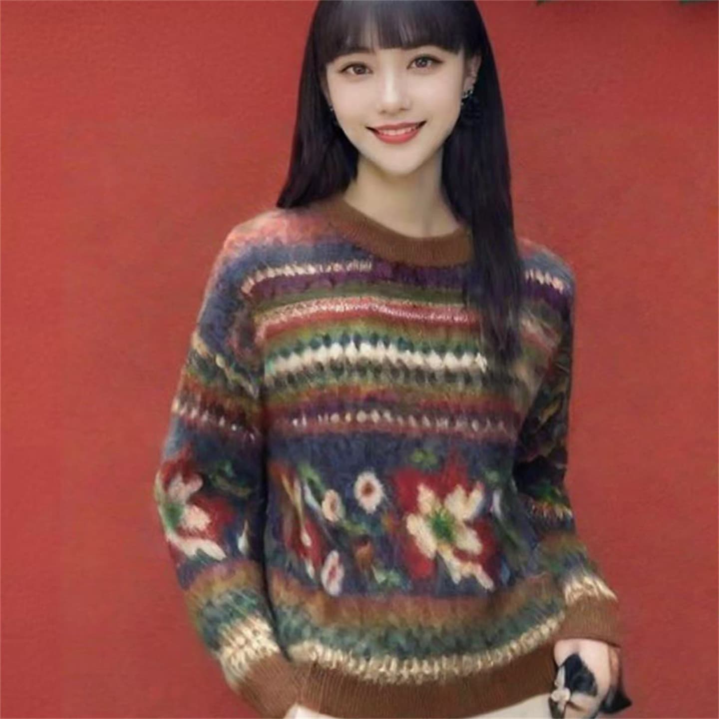 공정한 섬 파란색 자카드 레트로 크리스마스 풀오버 니트 스웨터 루즈핏 느긋한 바람 스웨터 여자 가을 겨울 민족 스타일 상세 이미지 4