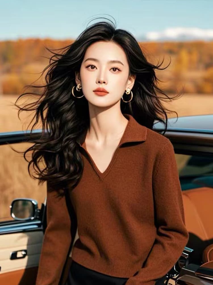 커피 색상 V넥 긴팔 니트 스웨터 여성 2026 가을 새로운 품격 고급 센스 인사이드 가져 가라. 수 있습니다. 싱글 계속하다 옷 상세 이미지 4