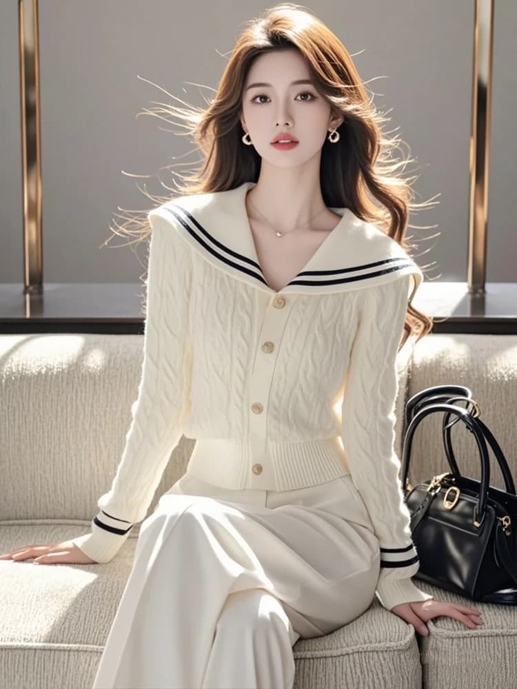 프랑스식 고급 센스 아름다운 화이트 해군 칼라 긴팔 니트 오픈 가디건 여성 가을과 겨울 다용도 출퇴근 부드러운 찹쌀 작은 셔츠 상세 이미지 5