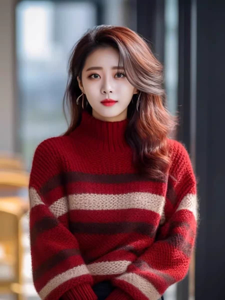 앤 코라 빨간색 스트라이프 터틀넥 스웨터 여자 2026 새로운 이른 가을 작은 키 착용 가져 가라. 이른 가을 한 부서 분위기 센스 상세 이미지 1