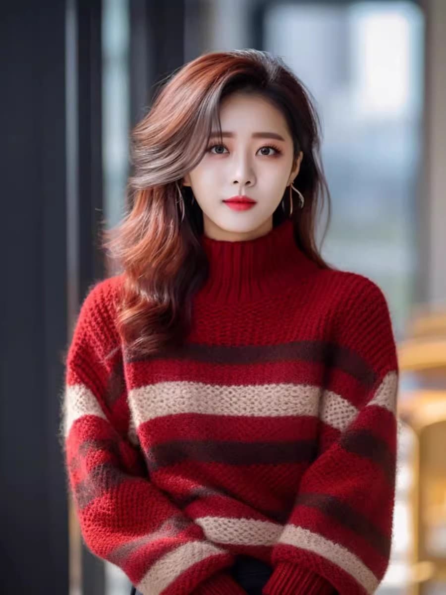 앤 코라 빨간색 스트라이프 터틀넥 스웨터 여자 2026 새로운 이른 가을 작은 키 착용 가져 가라. 이른 가을 한 부서 분위기 센스 상세 이미지 2