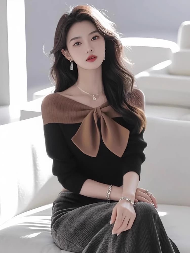한 부서 여성 의류 고유 한 나비 매듭 빅 사이즈 부드러운 니트 맨위 검정색 배색 다용도 오프숄더 긴팔 스웨터 상세 이미지 1
