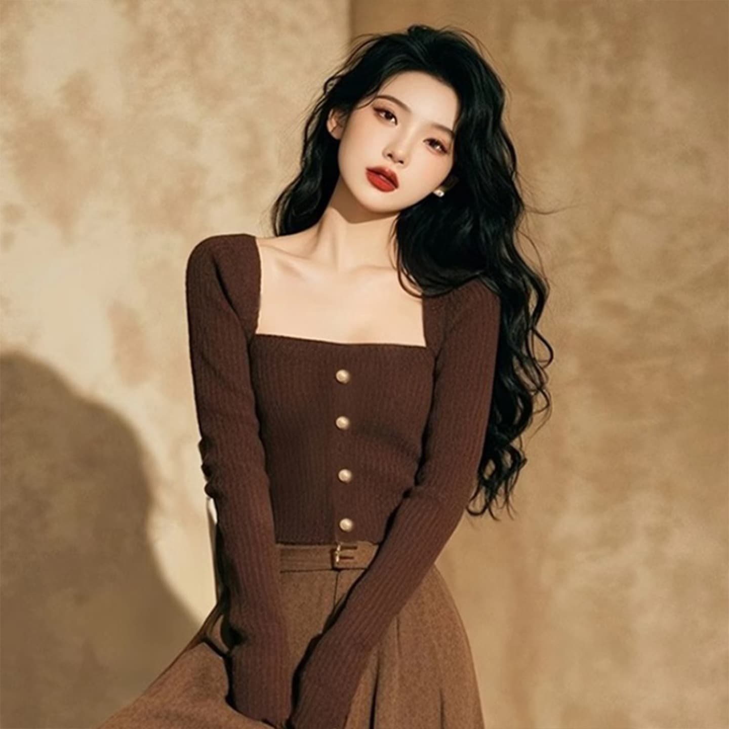 가을 겨울 Chic 달콤한 핫걸 광장 칼라 쇄골 스웨터 니트 기본 셔츠 여성 인사이드 가져 가라. 디자인 센스 몸매 가꾸기 긴팔 맨위 상세 이미지 5
