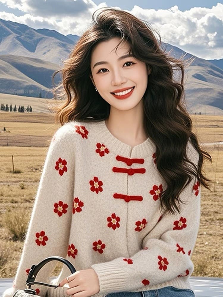 새로운 중식 국풍 빨간색 꽃 스웨터 여자 가을 겨울철 무거운 작업 작은 셔츠 인사이드 가져 가라. 고유 한 아름다운 니트 맨위 상세 이미지 4