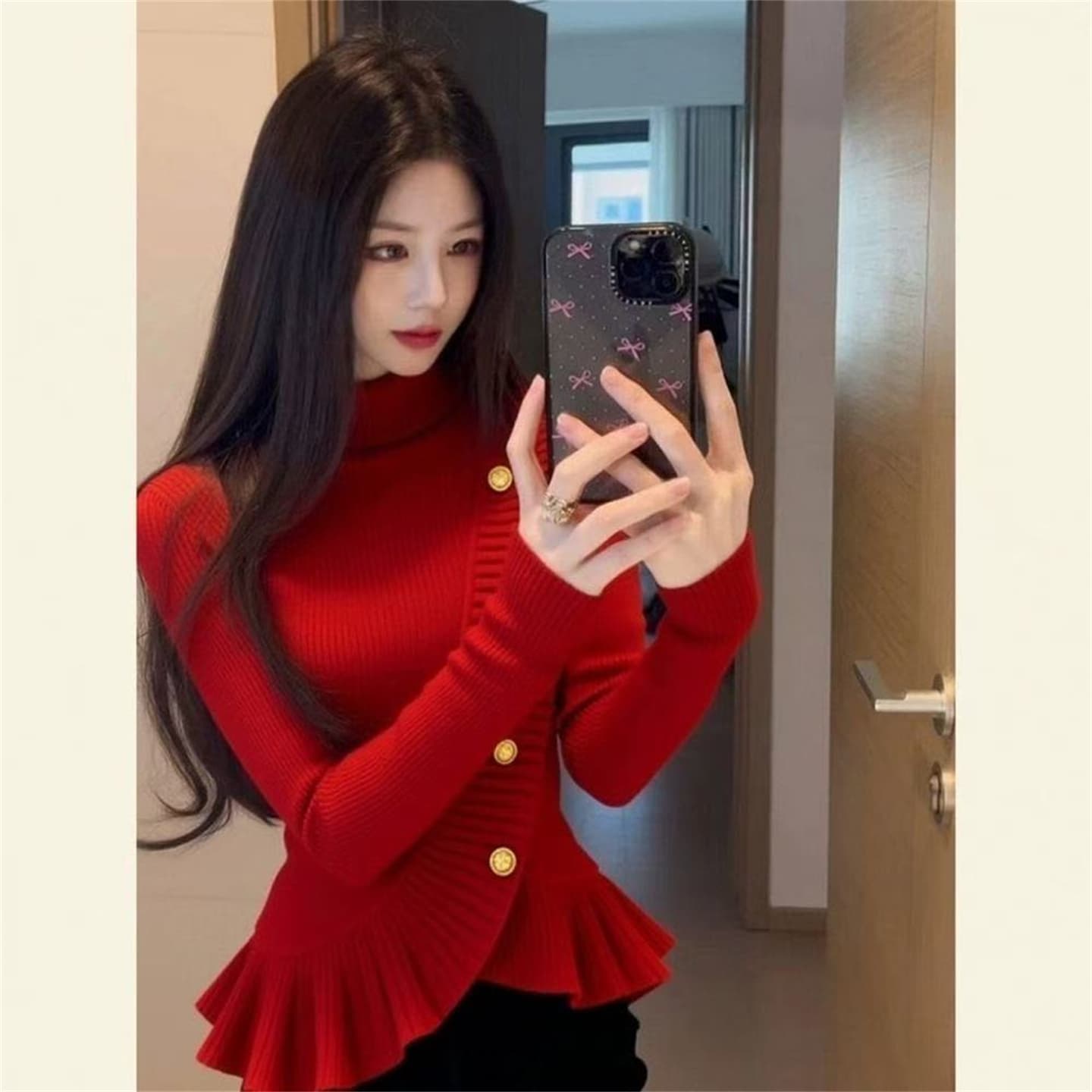 고급 센스 슈퍼 잘 생긴 카키 색 터틀넥 스웨터 여자 가을 겨울 고유 한 아름다운 꼬집기 허리 프릴 긴팔 니트 스웨터 상세 이미지 4