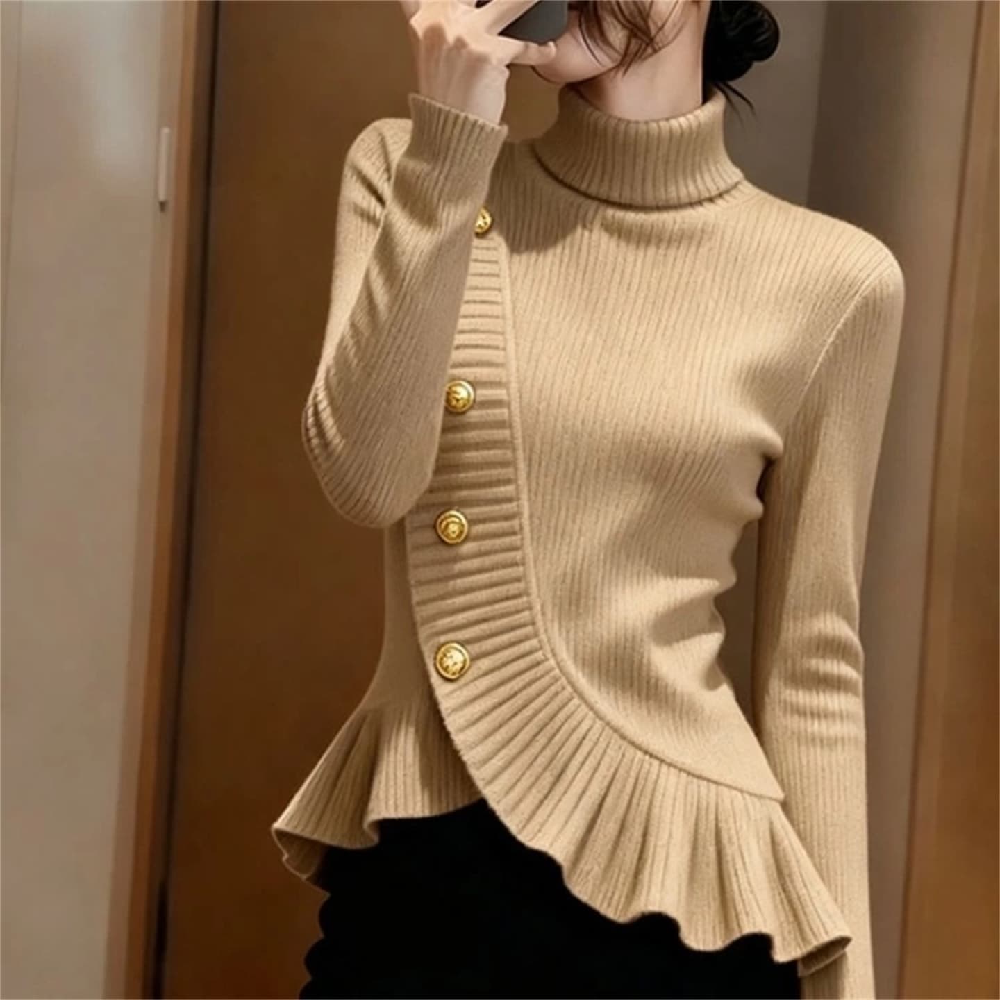 고급 센스 슈퍼 잘 생긴 카키 색 터틀넥 스웨터 여자 가을 겨울 고유 한 아름다운 꼬집기 허리 프릴 긴팔 니트 스웨터 상세 이미지 5