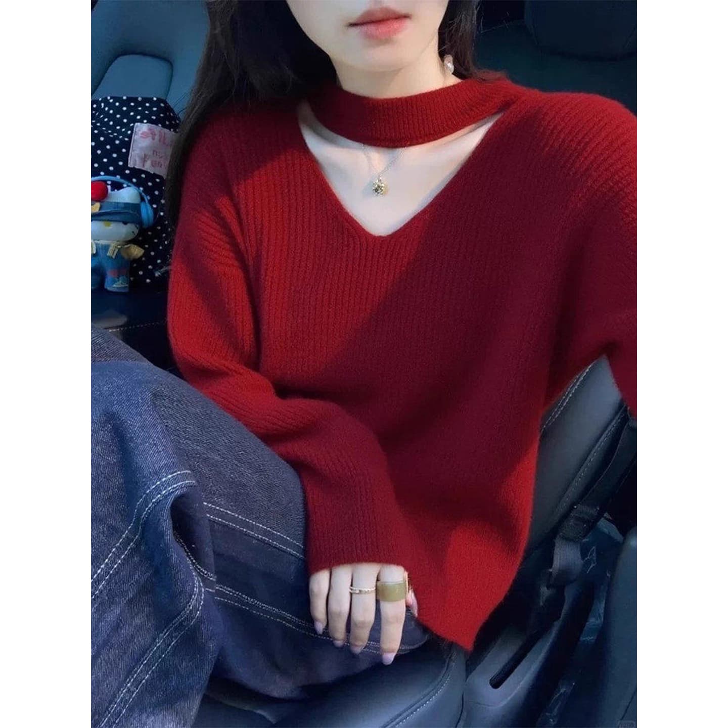 신년 크리스마스 빨간색 행침 목 V넥 스웨터 여자 가을 겨울 프랑스식 느긋한 고급 센스 너구리 플러시 니트 스웨터 외출용 상세 이미지 1