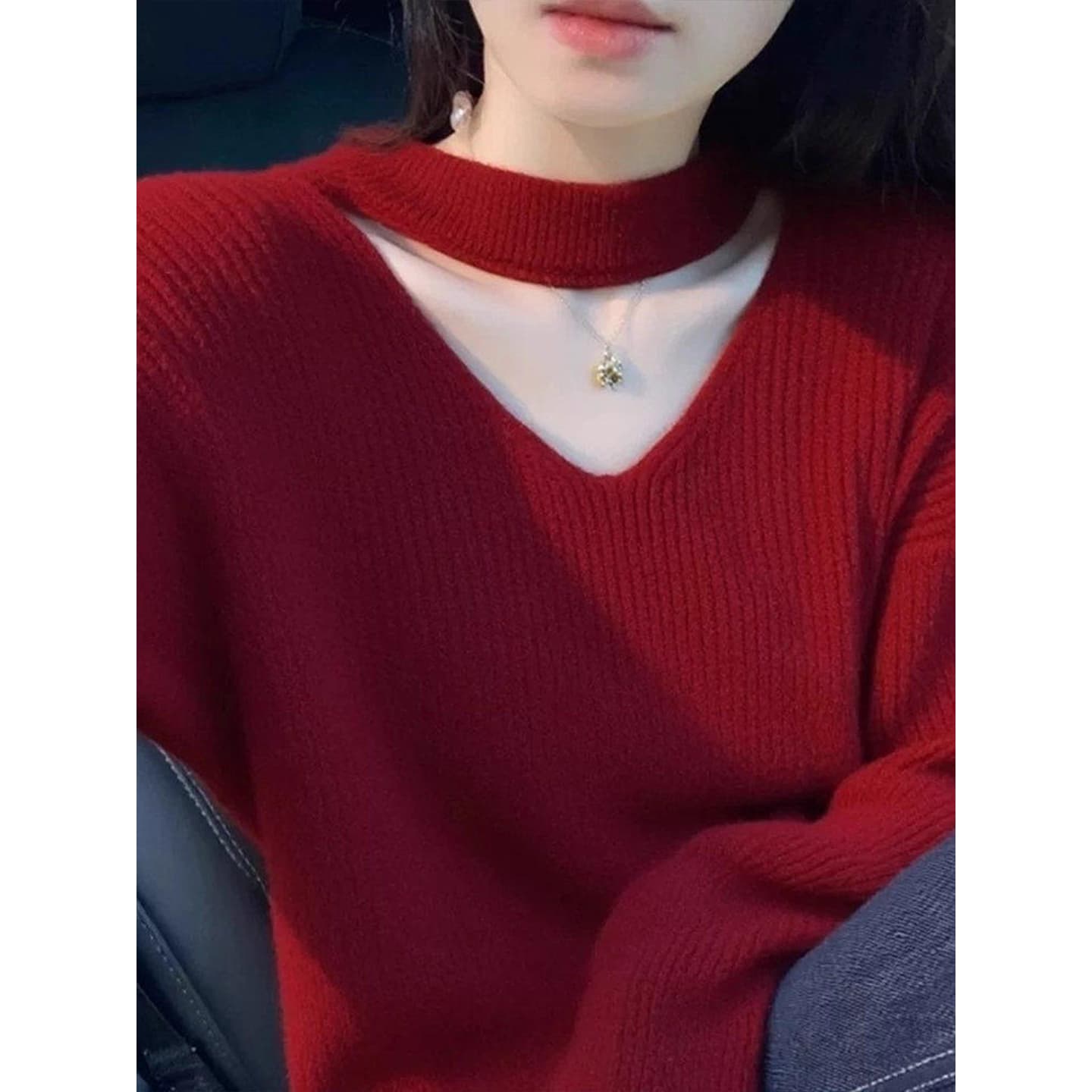 신년 크리스마스 빨간색 행침 목 V넥 스웨터 여자 가을 겨울 프랑스식 느긋한 고급 센스 너구리 플러시 니트 스웨터 외출용 상세 이미지 2