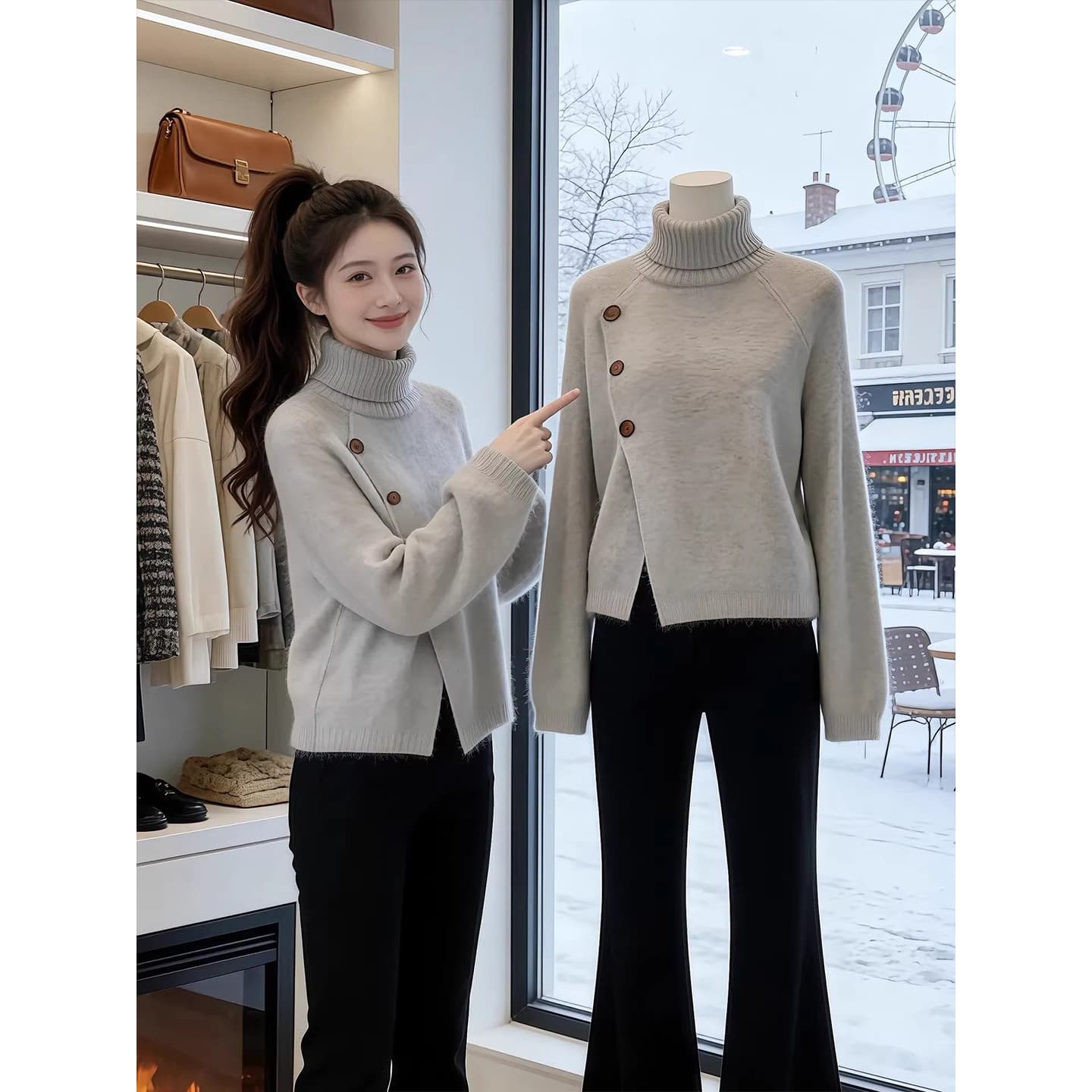프랑스식 터틀넥 트임 스웨터 여자 가을 겨울 새로운 고급 센스 느긋한 바람 루즈핏 슬림해 보이는 다용도 니트 스웨터 맨위 이미지 4