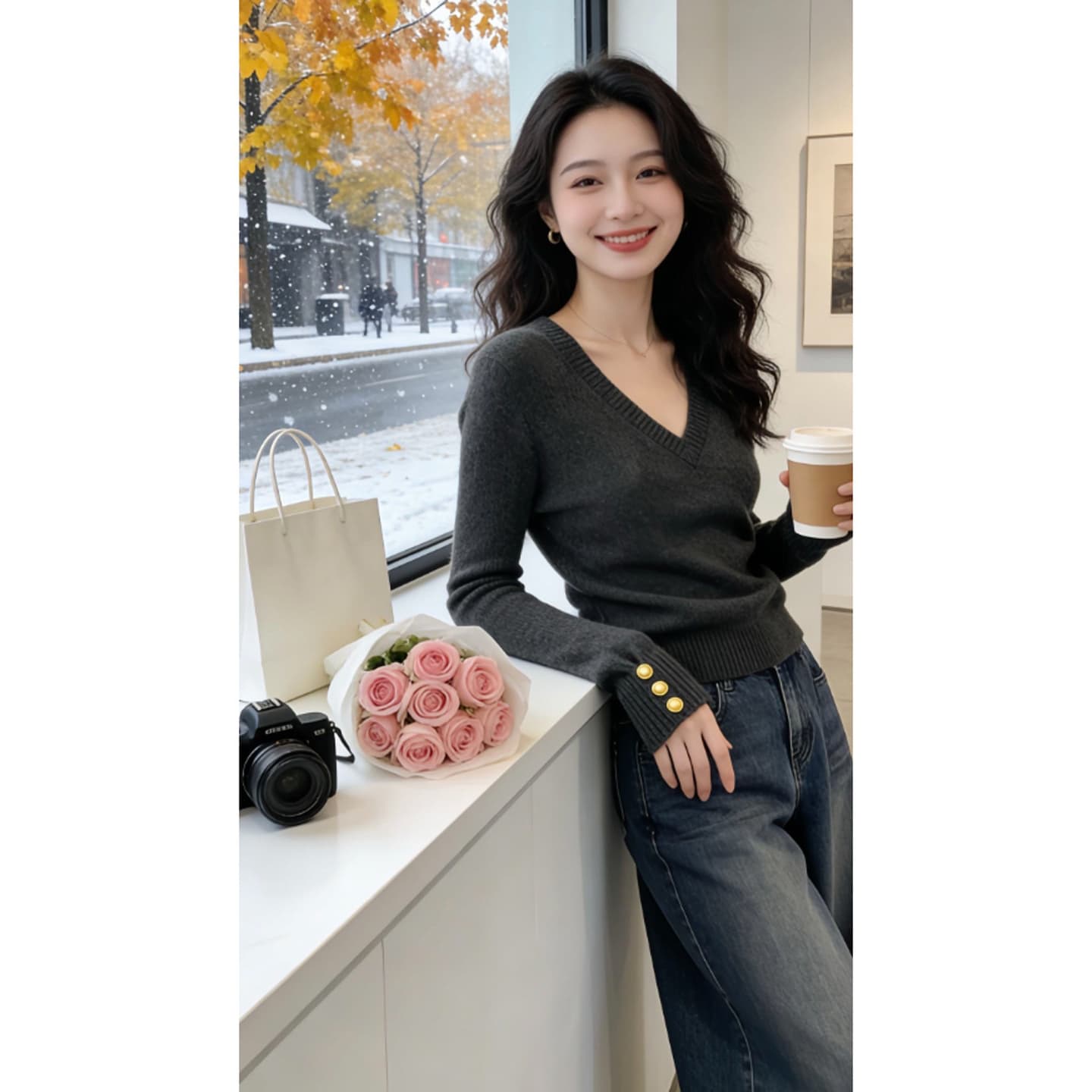 부드러운 바람 고급 센스 슈퍼 잘 생긴 V넥 허리 수축 몸매 가꾸기 스웨터 슈퍼 화재 작은 대중 아니요 명중 섹션 맨위 2026 겨울 이미지 2