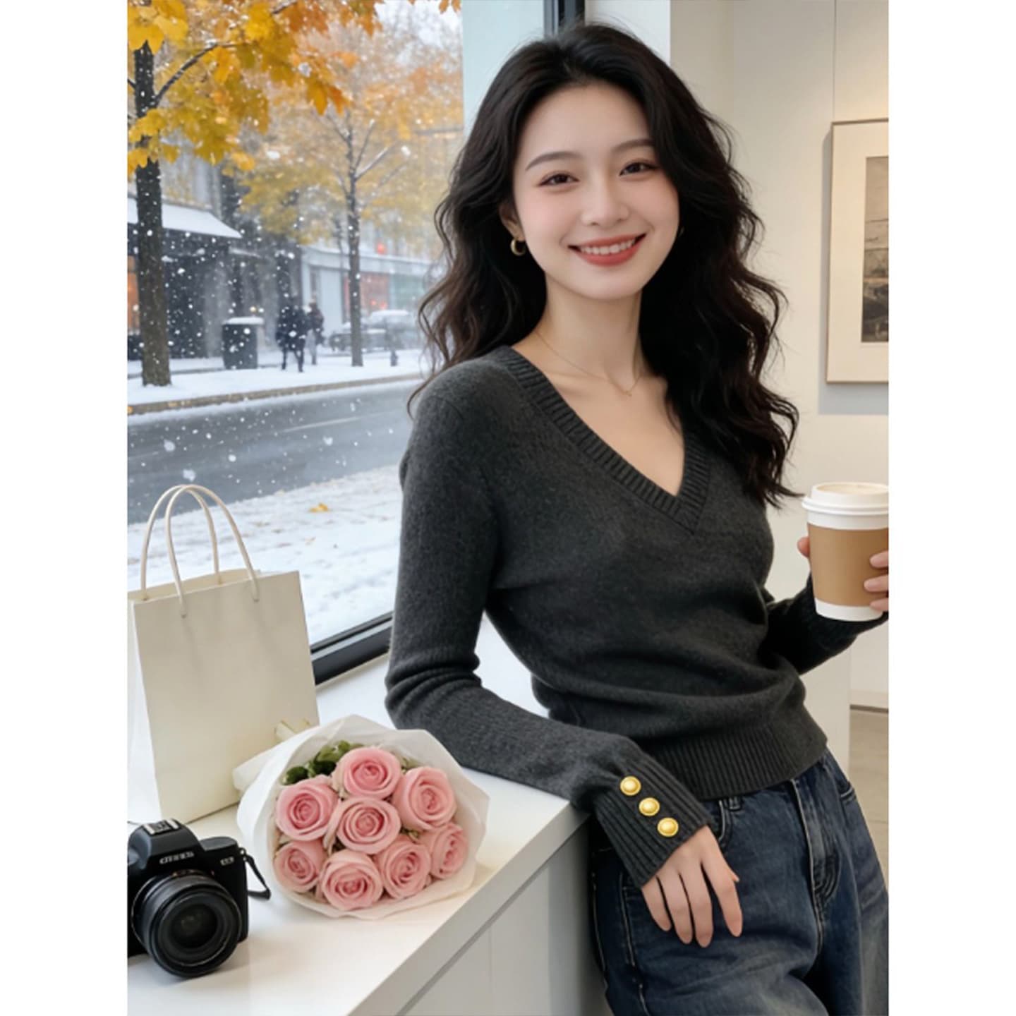 부드러운 바람 고급 센스 슈퍼 잘 생긴 V넥 허리 수축 몸매 가꾸기 스웨터 슈퍼 화재 작은 대중 아니요 명중 섹션 맨위 2026 겨울 이미지 5