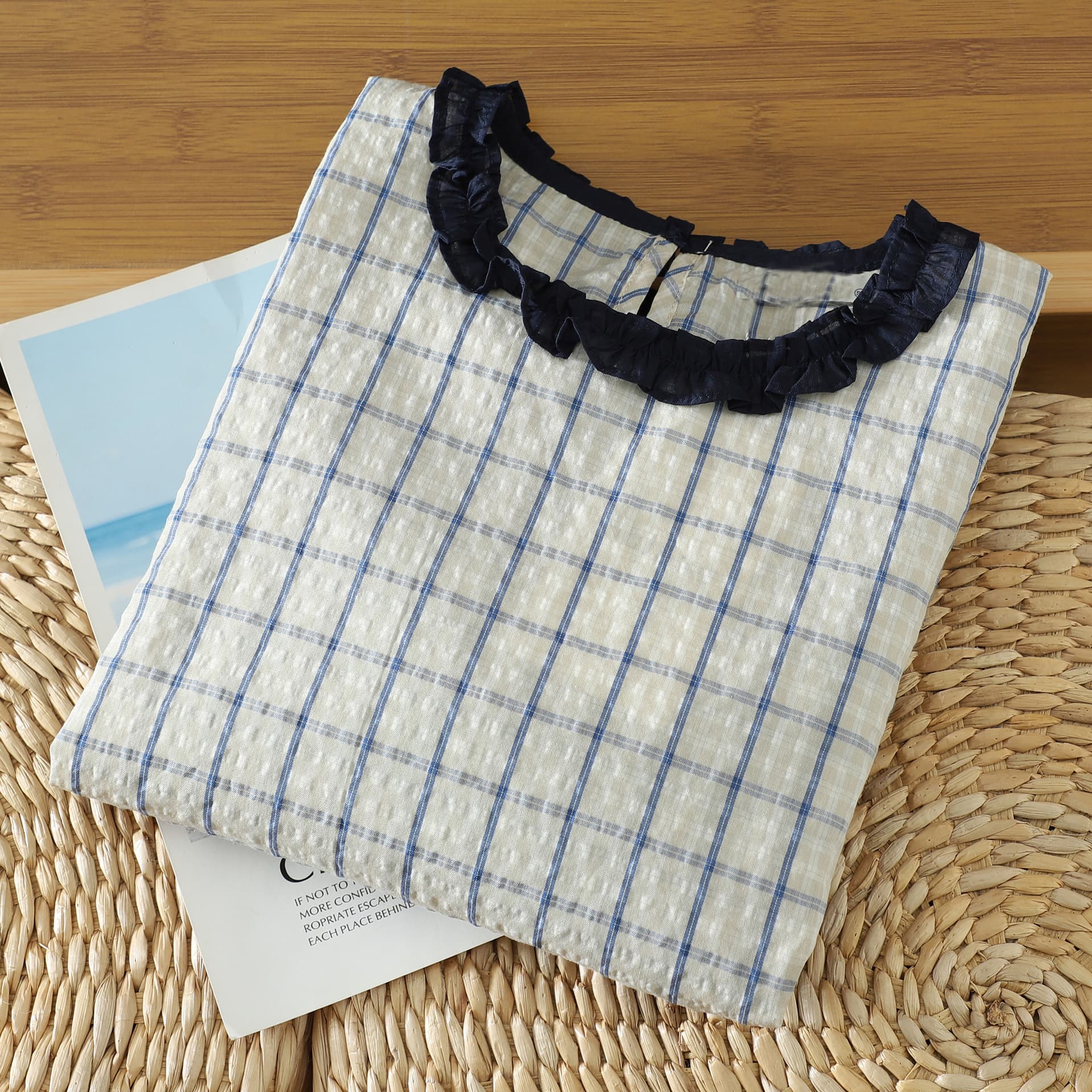 실사 새로운 루즈핏 고급 센스 프랑스식 프릴 체크무늬 반팔 여성 셔츠 이미지 2