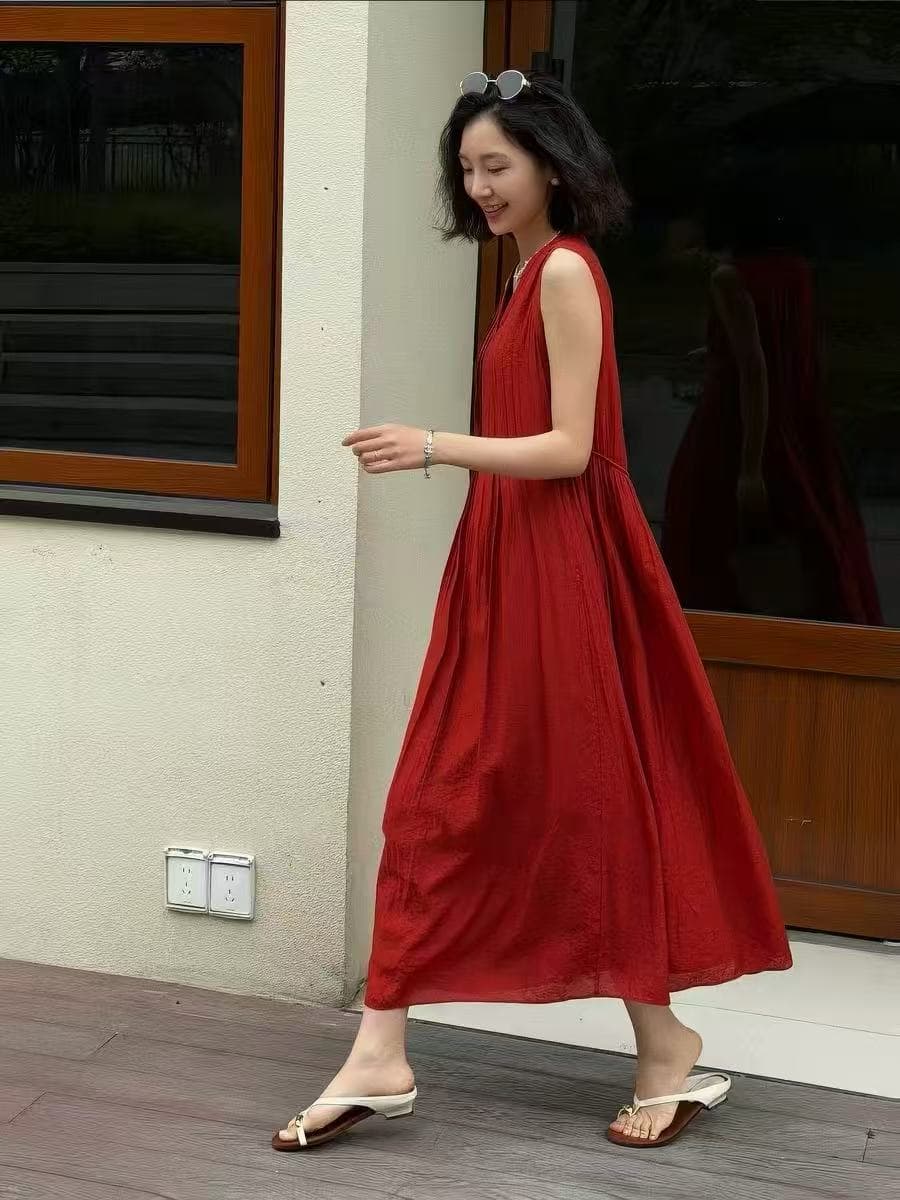 여름 새로운 V넥 민소매 루즈핏 휴가 바람 롱 코트 드레스 이미지 2