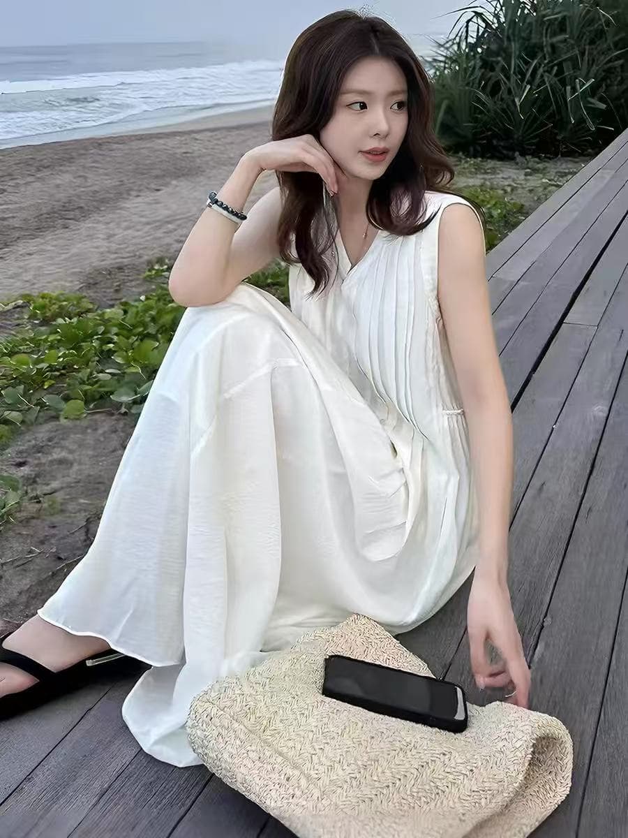 여름 새로운 V넥 민소매 루즈핏 휴가 바람 롱 코트 드레스 이미지 4