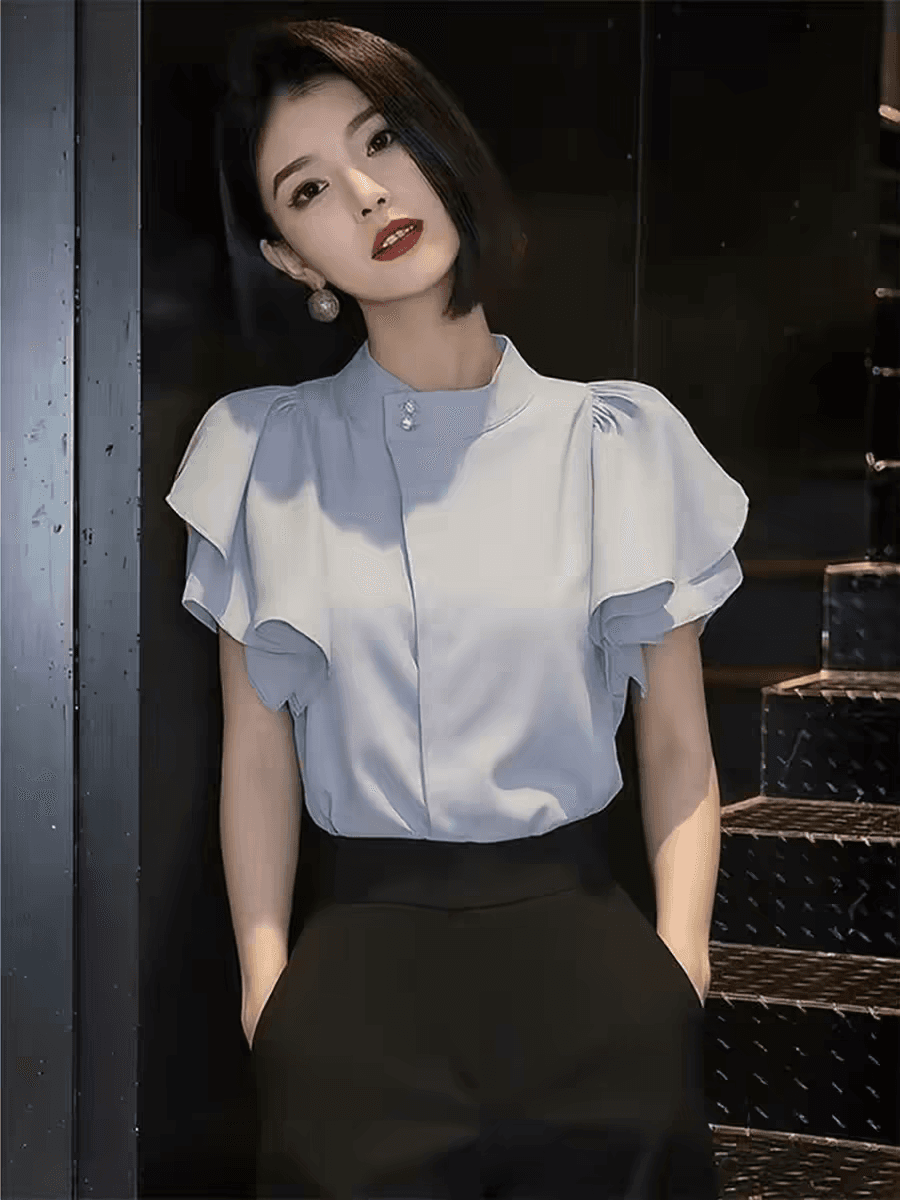 프랑스식 프릴 반팔 여성 셔츠 2026 봄 새로운 파란색 스탠드 칼라 몸매 가꾸기 슬림해 보이는 다용도 품격 맨위 상세 이미지 2