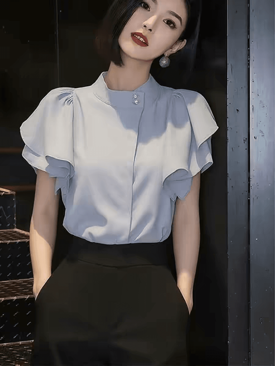 프랑스식 프릴 반팔 여성 셔츠 2026 봄 새로운 파란색 스탠드 칼라 몸매 가꾸기 슬림해 보이는 다용도 품격 맨위 상세 이미지 4