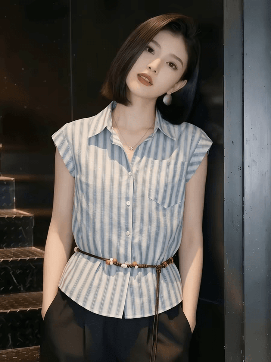 민소매 고급 센스 스트라이프 여성 셔츠 여름 드레스 작은 날다 소매 프랑스식 작은 셔츠 POLO 칼라 품격 반팔 티셔츠 맨위