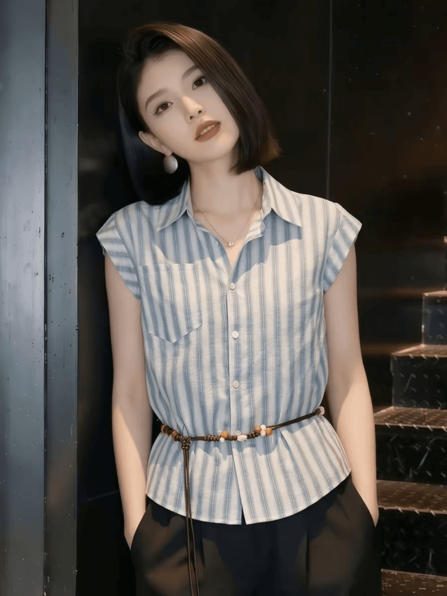 민소매 고급 센스 스트라이프 여성 셔츠 여름 드레스 작은 날다 소매 프랑스식 작은 셔츠 POLO 칼라 품격 반팔 티셔츠 맨위 상세 이미지 2
