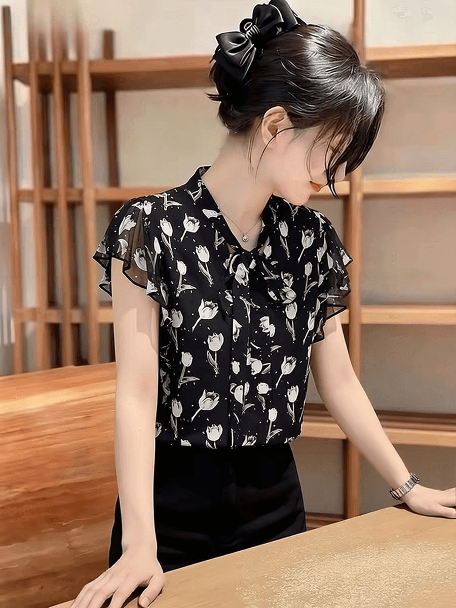 빛 럭셔리 패션 고급 센스 Feifei 소매 꽃무늬 여성 셔츠 2026 여름 새로운 루즈핏 디자인 센스 Chic 맨위 상세 이미지 1