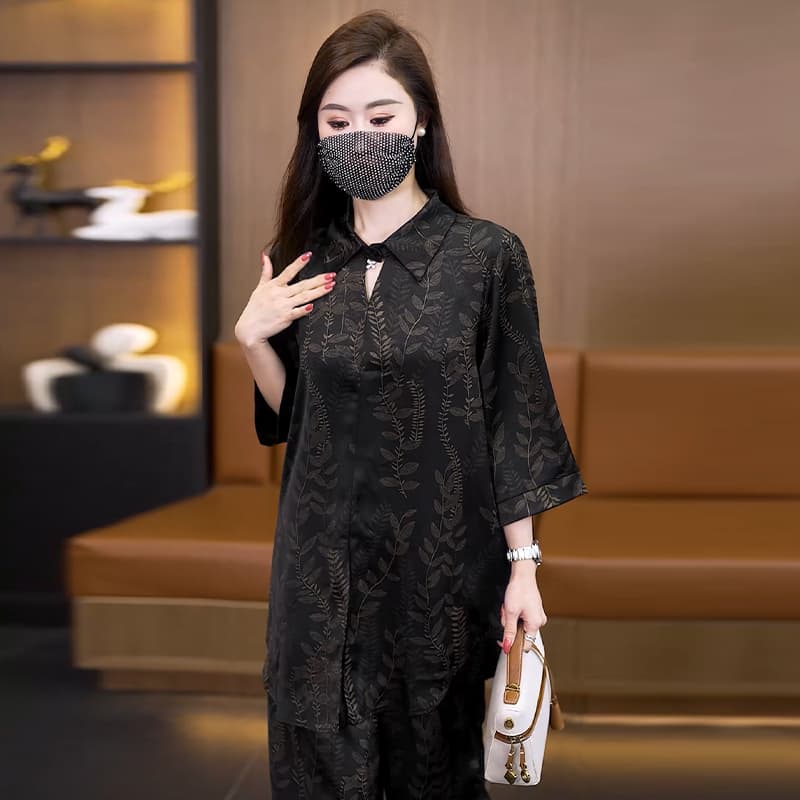 고급 품격 여름 새로운 중노년 엄마 중노년 와이드 레그 팬츠 루즈핏 투피스 슈트 검정색 캐주얼 이미지 5