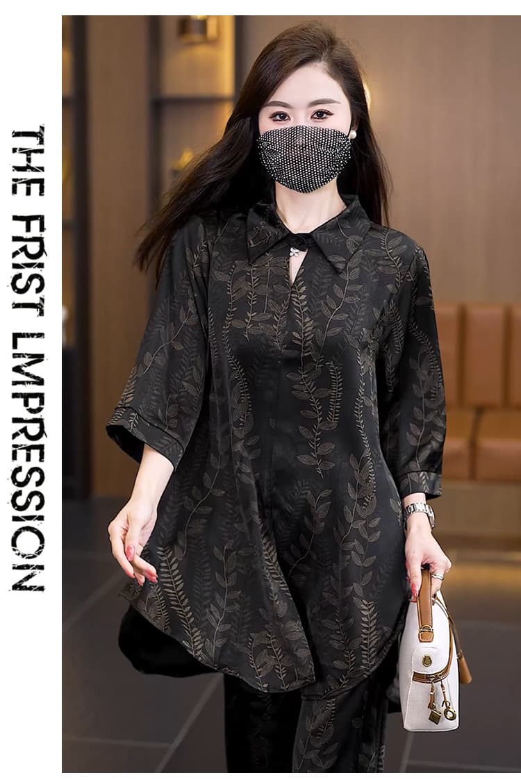 고급 품격 여름 새로운 중노년 엄마 중노년 와이드 레그 팬츠 루즈핏 투피스 슈트 검정색 캐주얼 상세 이미지 17