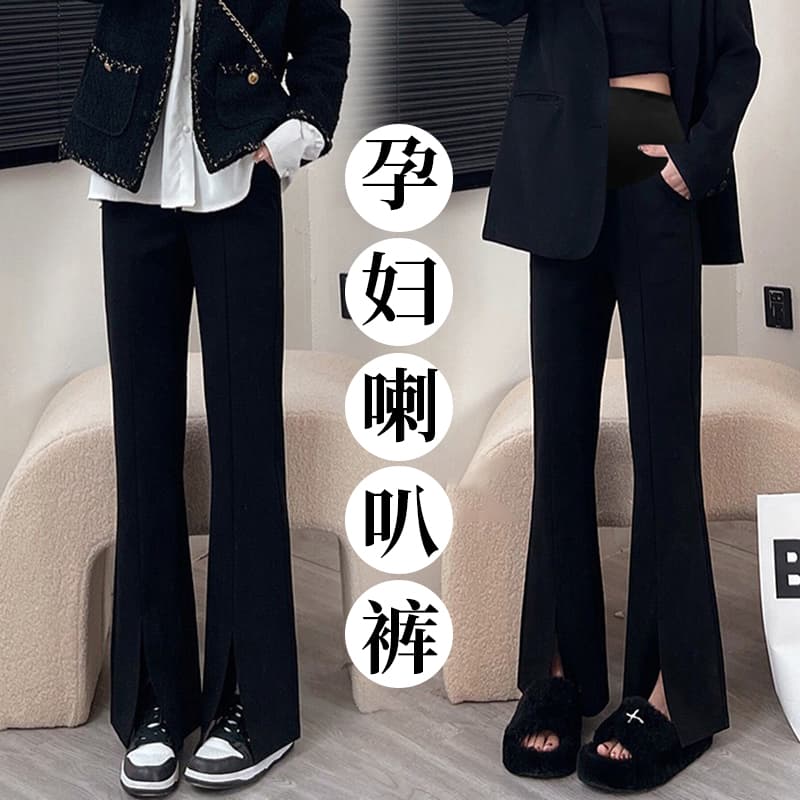 임산부 봄 가을 새로운 있음 주머니 높은 탄력성 트임 정장 바지 바지 캐주얼 바지 몸매 가꾸기 슬림해 보이는 나팔 바지 이미지 2