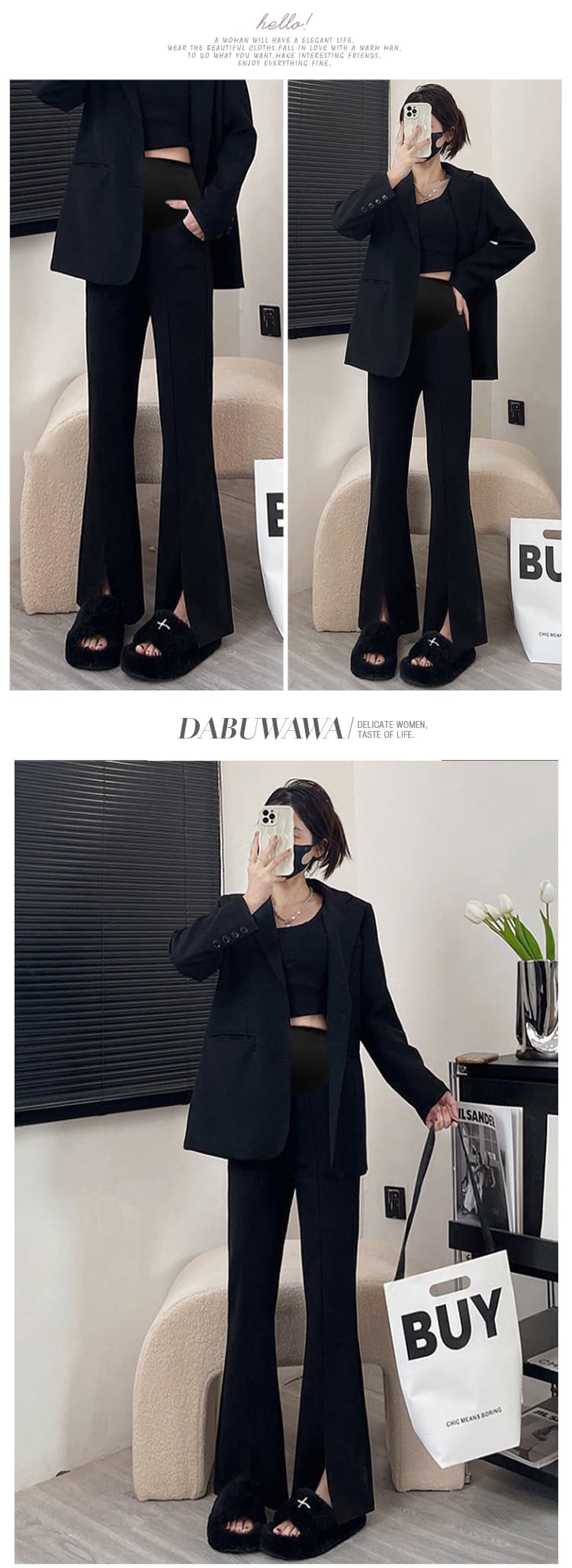 임산부 봄 가을 새로운 있음 주머니 높은 탄력성 트임 정장 바지 바지 캐주얼 바지 몸매 가꾸기 슬림해 보이는 나팔 바지 상세 이미지 8