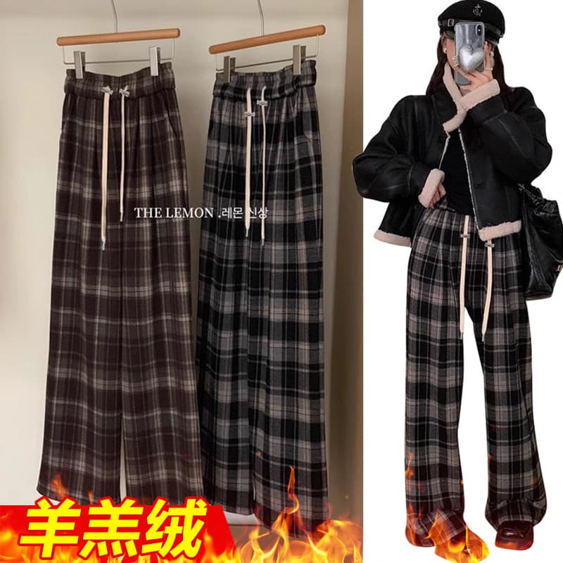임산부 체크무늬 바지 여성 봄과 가을 외출용 일반 새로운 레트로 캐주얼 모직 와이드 레그 팬츠 봄 스트레이트 긴 바지 이미지 3