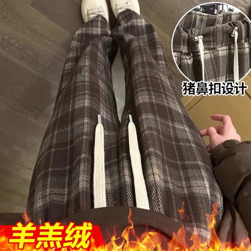 임산부 체크무늬 바지 여성 봄과 가을 외출용 일반 새로운 레트로 캐주얼 모직 와이드 레그 팬츠 봄 스트레이트 긴 바지 이미지 5
