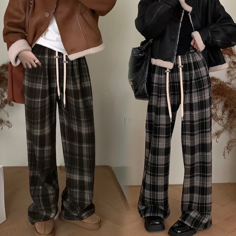임산부 체크무늬 바지 여성 봄과 가을 외출용 일반 새로운 레트로 캐주얼 모직 와이드 레그 팬츠 봄 스트레이트 긴 바지 이미지 2