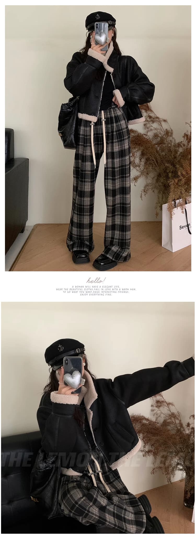 임산부 체크무늬 바지 여성 봄과 가을 외출용 일반 새로운 레트로 캐주얼 모직 와이드 레그 팬츠 봄 스트레이트 긴 바지 상세 이미지 12