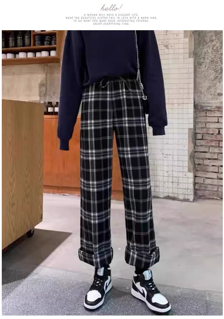 임산부 바지 가을 외출용 흑인과 백인 체크무늬 긴 바지 가을 루즈핏 스트레이트 레트로 캐주얼 가을 겨울 새로운 와이드 레그 팬츠 상세 이미지 8
