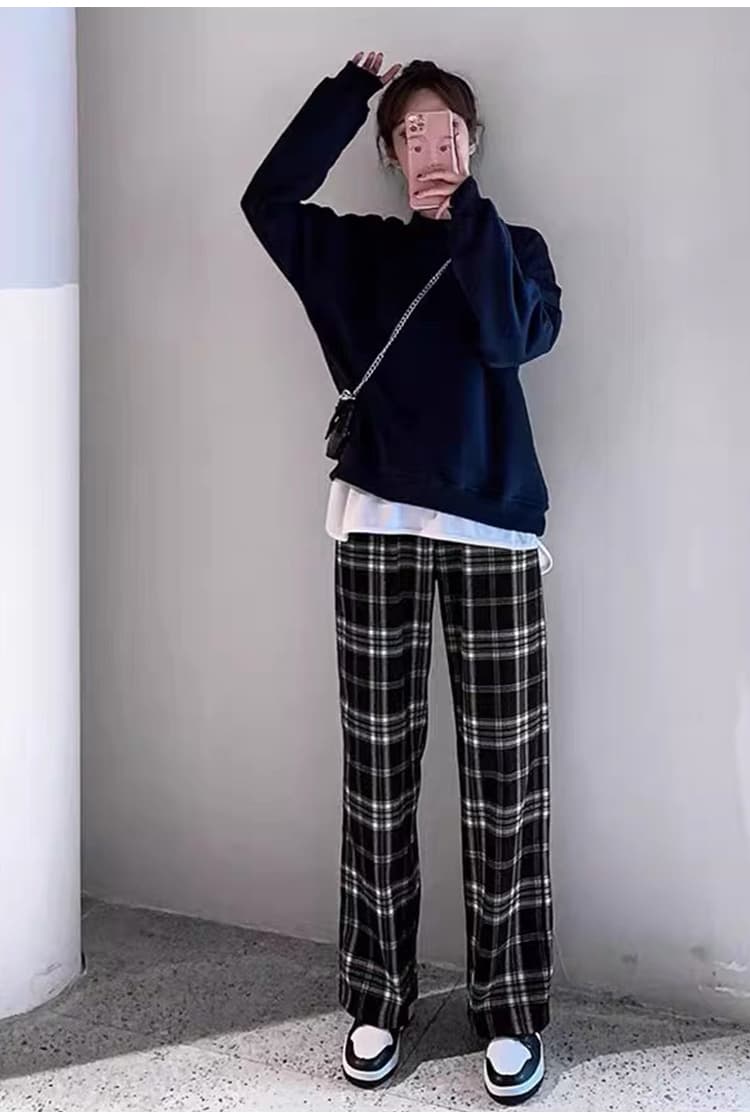 임산부 바지 가을 외출용 흑인과 백인 체크무늬 긴 바지 가을 루즈핏 스트레이트 레트로 캐주얼 가을 겨울 새로운 와이드 레그 팬츠 상세 이미지 9