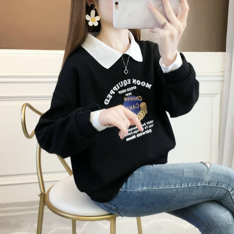 실사 면 소재 봄 가을 얇은 긴팔 후드티 여성 한국 스타일 루즈핏 슬림해 보이는 디자인 센스 맨위 인터넷 유명인 상세 이미지 40