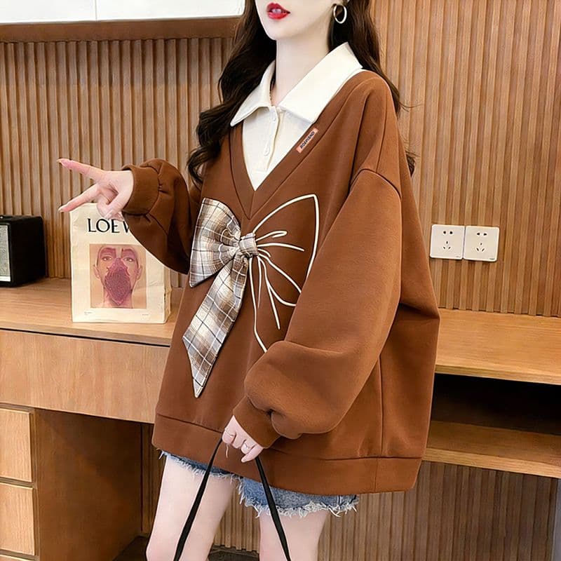 실사 300 그램 남자 바 면 폴리에스터 2026 봄 얇은 스타일 패치워크 페이크 레이어드 나비 매듭 맨위 후드티 여성 상세 이미지 2