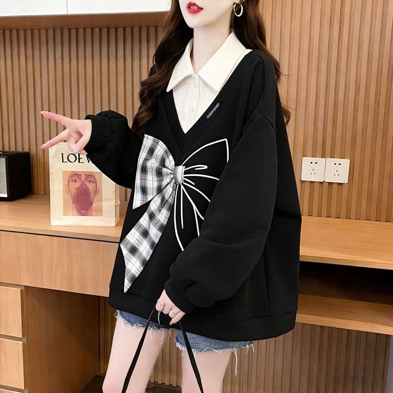실사 300 그램 남자 바 면 폴리에스터 2026 봄 얇은 스타일 패치워크 페이크 레이어드 나비 매듭 맨위 후드티 여성 상세 이미지 9