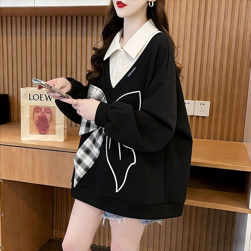 실사 300 그램 남자 바 면 폴리에스터 2026 봄 얇은 스타일 패치워크 페이크 레이어드 나비 매듭 맨위 후드티 여성 상세 이미지 10