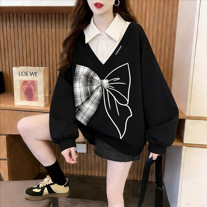 실사 300 그램 남자 바 면 폴리에스터 2026 봄 얇은 스타일 패치워크 페이크 레이어드 나비 매듭 맨위 후드티 여성 상세 이미지 11