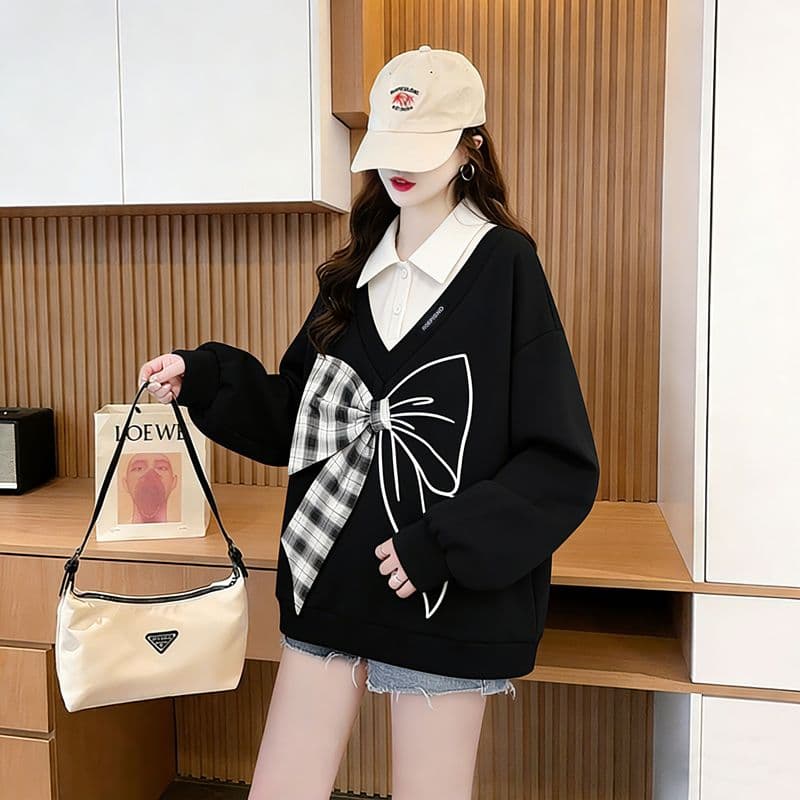 실사 300 그램 남자 바 면 폴리에스터 2026 봄 얇은 스타일 패치워크 페이크 레이어드 나비 매듭 맨위 후드티 여성 상세 이미지 14